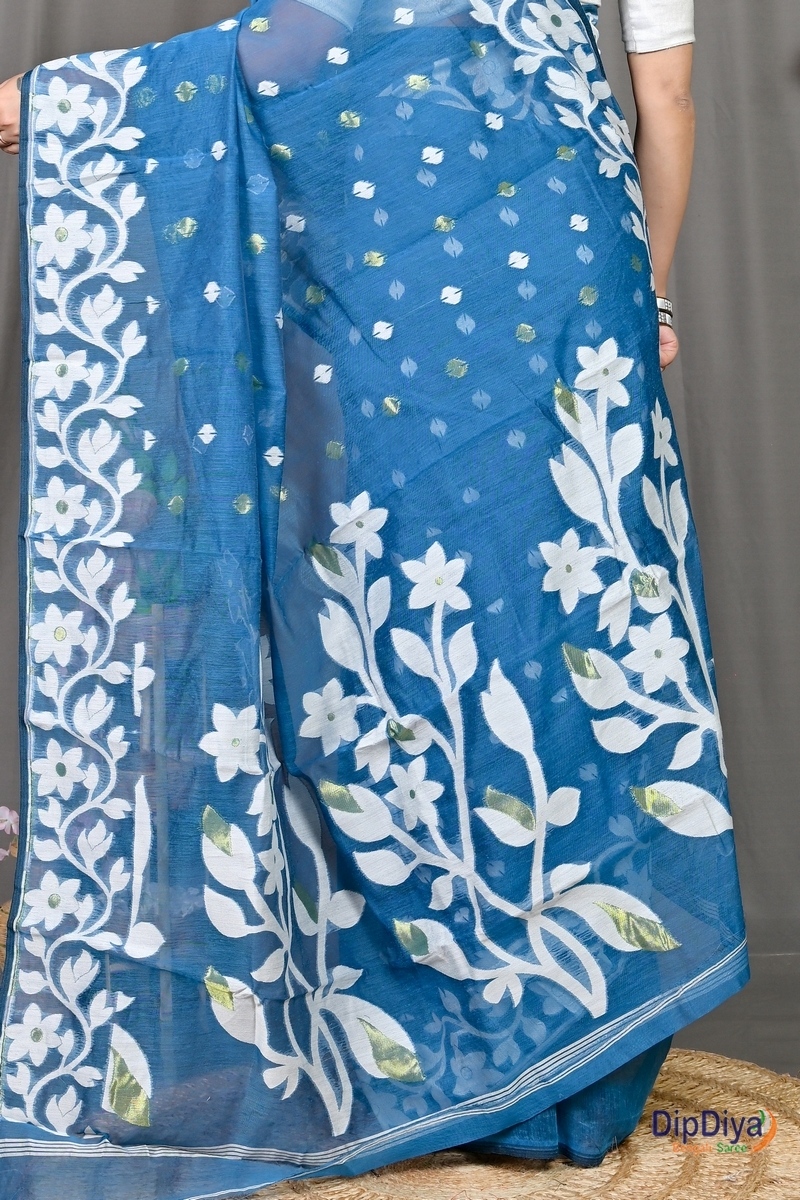 Blue Cotton Blended Parinit Jamdani Saree (341)